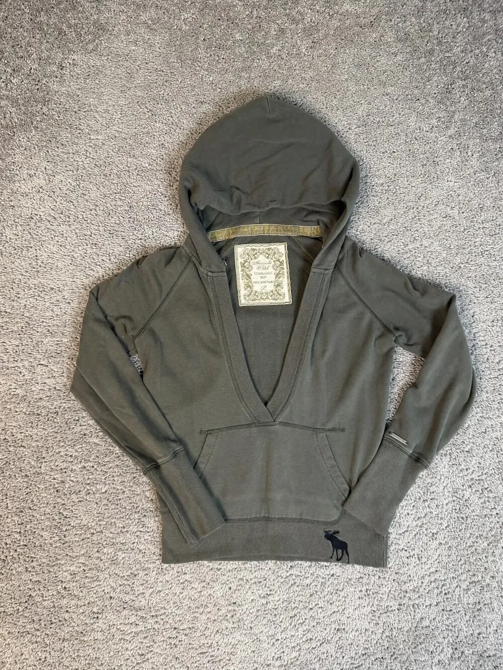VTG Abercrombie & Fitch Hoodie Womens L Green Deep V Neck Pullover Hooded